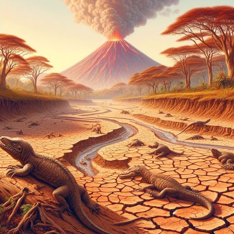 Prehistoric Aesthetic, Cenozoic Era Art, Paleozoic Era, Extinct Volcano, Dino Train, Prehistoric Landscape Illustration, Jurassic Period Landscape, Retro Paleoart, Prehistoric Period