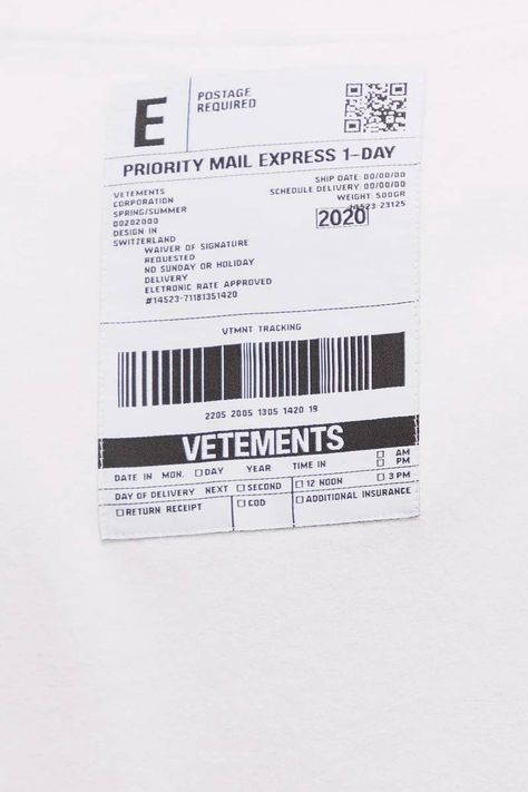 Vetements Logo Patch Cotton T-shirt Black | HYPEBEAST Clothing Tag Design, Clothes Label, Metal Typography, Garments Business, Shirt Tags, T Shirt Label, Shirt Label, Black And White Tees, Bar Code