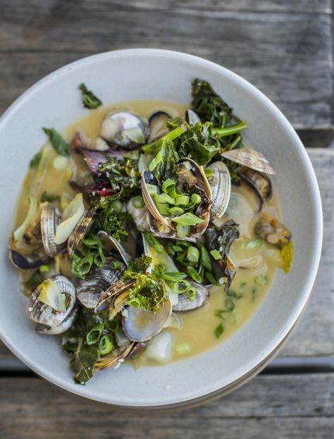 Hog Island Manila Clams with Spanish Chorizo, Ginger Butter, and Braising Greens - The Taste SF Ginger Butter, Fancy Meals, Menstrual Phase, Spanish Chorizo, Braised Greens, Italian Wines, Shell Game, Culinary Travel, Private Chef