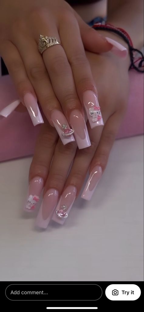 Light Pink Nails Hello Kitty, Initials Nail Design, Medium Square Acrylic Nails Hello Kitty, Plain Hello Kitty Nails, Y2k Nails Acrylic Hello Kitty Short, Light Pink Hello Kitty Nails, Medium Nails Acrylic Hello Kitty, Y2k Hello Kitty Nails Short, Hello Kitty Nails Medium Length