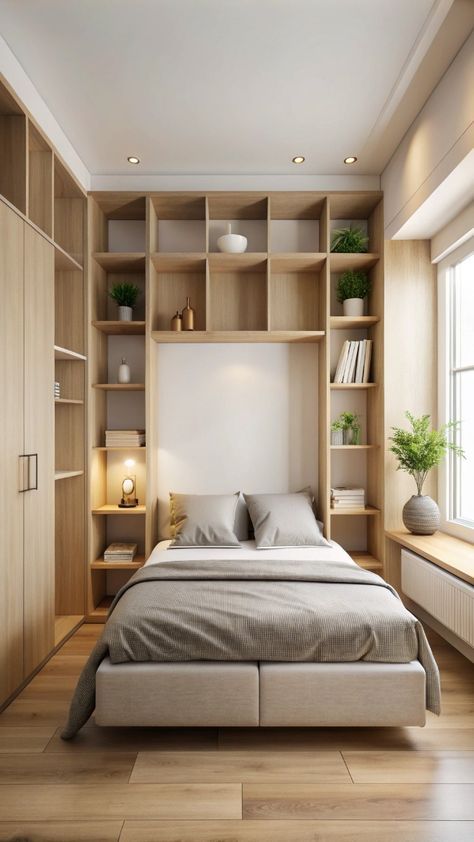 Bed And Closet Small Bedrooms, Around Bed Shelving, Built In Shelves Small Bedroom, Tiny Bedroom Wardrobe, Wardrobe Bookshelf Ideas, Minimalist Bedroom With Storage, Mini Closet Room, Small Bedroom With Wardrobe Ideas, Shelving Ideas For Small Bedrooms