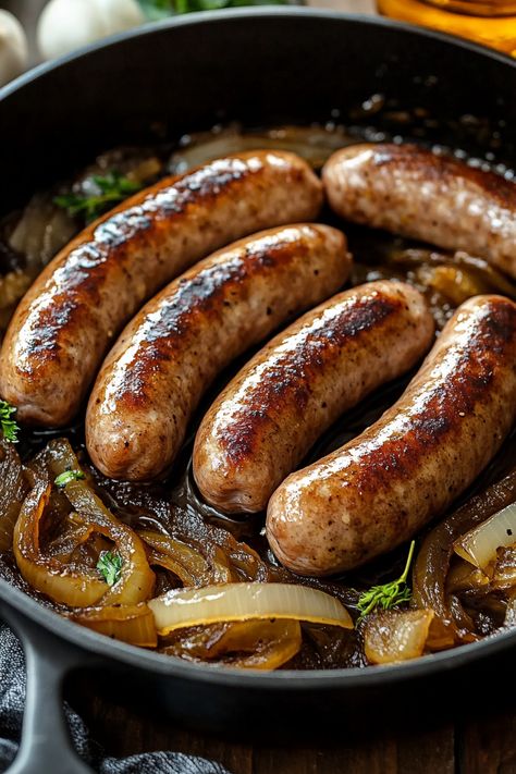 Oven Baked Brats, Braising Liquid, Beer Brats Recipe, Beer Bratwurst, Brats Recipes, Bratwurst Recipes, Caramelized Onions Recipe, Bratwurst Sausage, Beer Brats