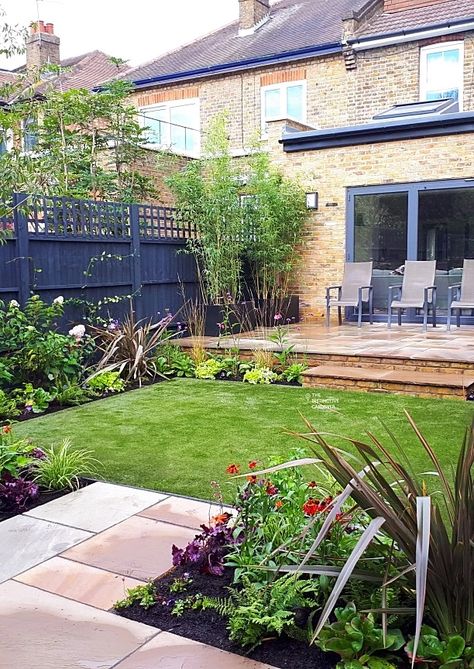 Patio At Bottom Of Garden, House To Garden Transition, Garden Design Square Layout, Terraced House Garden Ideas, Small Narrow Garden Design, 1930s Garden Design, Long Narrow Gardens, Garden With Shed Layout, Small Garden Design Uk