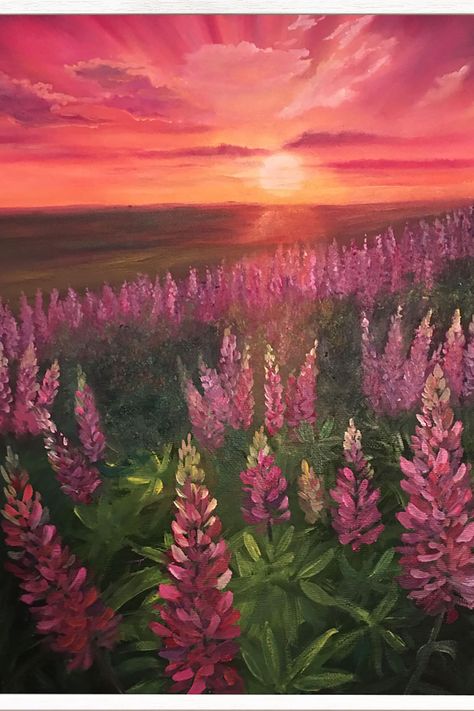 Lupine Flowers Acrylic Painting, Landscape Ideas To Paint, Landscape With Flowers Drawing, How To Paint Lupine Flowers Acrylic, Pretty Nature Paintings, Beautiful View Painting, Lupine Painting Acrylic, Lupin Painting Acrylic, Floral Landscape Painting Acrylic