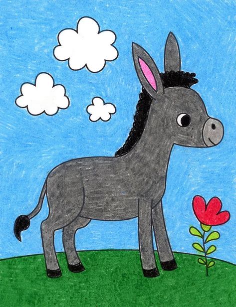 How to Draw a Donkey · Art Projects for Kids Donkey Drawing, Cute Donkey, Drawing Heads, Art Hub, Easy Drawings For Kids, Crochet Lessons, Foil Art, Work With Animals, Drawing Projects