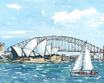 Australia Art, Sydney Australia, Original Watercolor Painting, Watercolor Painting, Opera House, Sydney Opera House, Opera, Sydney, Bridge