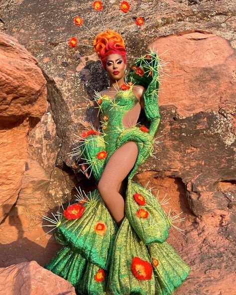 Plant Outfit Aesthetic, Drag Queen Aesthetic, Diego Montoya, Cactus Outfit, Cactus Costume, Drag Clothing, Hedgehog Cactus, Drag Fashion, Cactus Dress