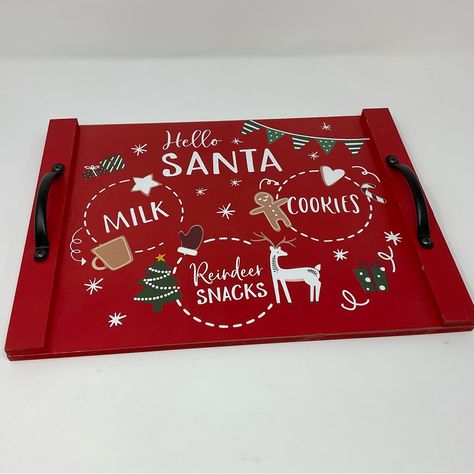 No Tag But The Tray Is New And Never Used. 15" Wide / 11" Tall Add Some Festive Charm To Your Home This Holiday Season With The Christmas Red Tray Hello Santa With Milk, Cookies & Reindeer Snacks Designs. This Rectangular Tray Is The Perfect Medium Size, Measuring 15 Inches In Length, 11 Inches In Width, And 2.25 Inches In Height. It's Made Of Sturdy Pressed Board And Wood Materials And Is Painted With A Cute And Solid Decorative Finish. The Tray Features A Charming Design Of Santa, Milk, Cookie Santa Serving Tray, Milk And Cookie Tray For Santa, Santa Cookie Board, Santa Tray Wood, Cookies For Santa Tray, Den Playroom, Santa Cookie Tray, Reindeer Snacks, Hello Santa