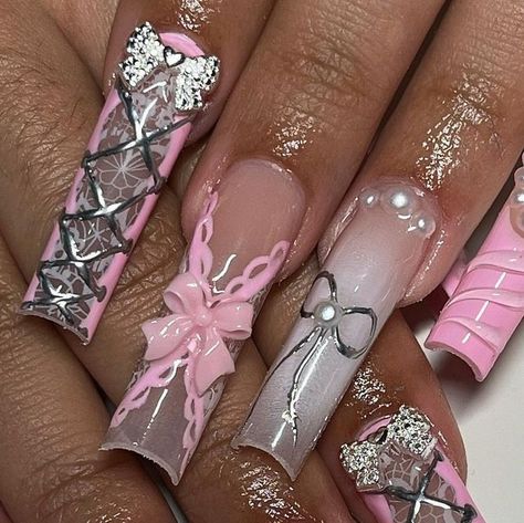 Pink Lace Nails, Purple Coquette Nails, Corset Nails Designs, Lace French Tip Nails, Lace Acrylic Nails, Finger Bones, Corset Nails, Ny Nails, Lace Nail Art