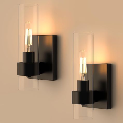 Zevluck 1-Light Wall Sconce, Matte Black Bathroom Vanity Light with Cylinder Clear Glass, Modern Hardwired Vanity Wall Lamps for Bathroom, Bedroom, Living Room, Stairs, Hallway - Amazon.com Matte Black Bathroom Vanity, Black Bathroom Vanity Light, Living Room Stairs, Stairs Hallway, Black Bathroom Vanity, Black Vanity Bathroom, Sconces Living Room, Matte Black Bathroom, Indoor Lighting Fixtures