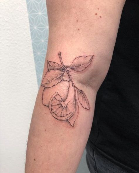 Lemon Tattoo Realistic, Lemon Branch Tattoo Fine Line, Italy Tattoo Ideas Italian Design, Lemon Tree Branch Tattoo, Limoncello Tattoo, Lemon Stamp Tattoo, Lemon Flower Tattoo, Lemon Wedge Tattoo, Lemon Branch Tattoo