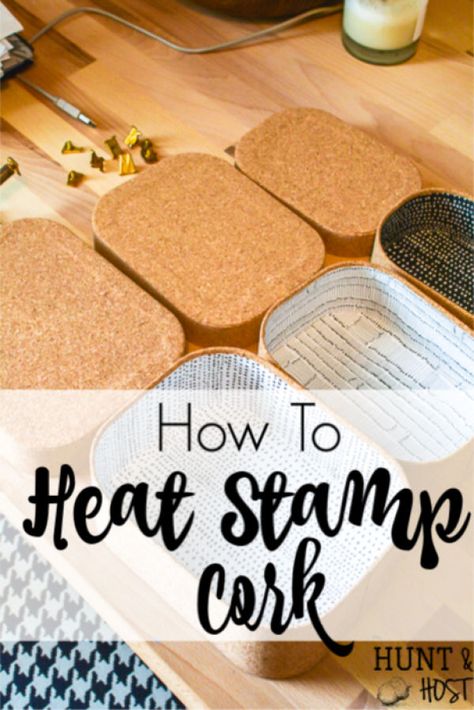 How to heat stamp cork. This easy and fun personalization tool will change your craft tool stash for sure! Cork is a versatile medium to make the cutest home decor and gift ideas. The possibilities are endless with a heat tool and hot stamp letters like this. Step by step instructions for you here! #heattool #hotstamp #corkproject #corkcraftidea #personlizedgiftideas #corkstamp #crafttool Adhesive Cork Sheets Ideas, Cork Trivet Ideas, Cork Sheet Crafts, Cork Board Crafts, Cork Roll, Cork Box, Rustic Boutique, Paint Cork, Beginner Wood Burning