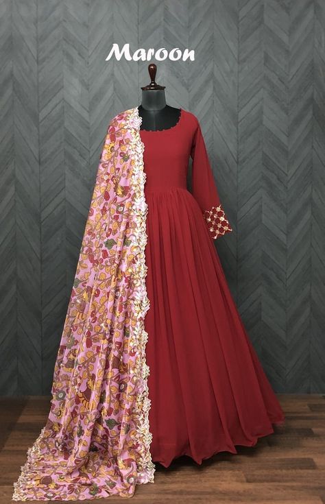 ​👜 *PREMIUM READYMADE DESIGNER GOWN-DUPATTA COLLECTIONS* 👜 *Be your own style icon with this sophisticated gown, This beautiful gown comes along with Kalamkari Printed dupatta.* 💕#GOWN💕 *Code:- LW-9052* *GOWN :- 👇* *FABRIC :-* Faux Blooming* *SIZE :-* Full-stitch 40 INCH (User Can Adjust From 38" to 44") *LENGTH :-* 56 INCH *FLAIR :-* 3.5 MTR *LINING :-* Cotton (Full Inner Top To Bottom) *SLEEVES :-* Full Sleeves *NECK TYPE :-* Round Neck W Simple Gown Designs, Heavy Dupatta, Party Wear Gowns, Half Saree Lehenga, Anarkali Dress Pattern, Designer Gown, Saree Lehenga, Simple Gowns, Long Frock