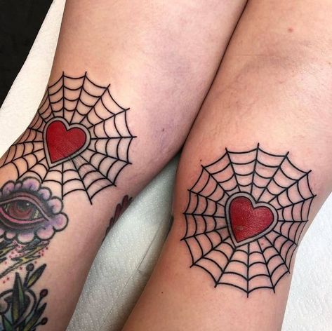 Heart On Knee Tattoo, Spider And Spider Web Tattoo, Knee Heart Tattoo, Heart Shaped Spider Web Tattoo, Knee Spider Web Tattoo, Spider Web Tattoo Knee, Heart Web Tattoo, Heart Knee Tattoo, Spider Web Heart Tattoo