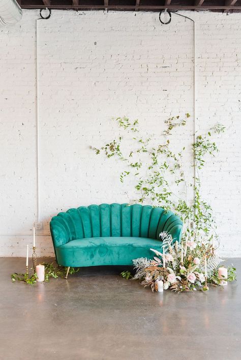 St. Louis Florist | Photo Backdrop | Velvet Couch | Floral Installation | Photo Installation | MPWR St. Louis Photo Backdrop Floral, Floral Couch, Backdrop Floral, Rustic Wedding Backdrops, Mini Sofa, Wedding Reception Backdrop, Vintage Couch, Sweetheart Table Wedding, Floral Installation