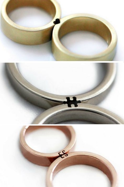 These wedding rings represent a couple’s unique bond with one another in the simplest – and cutest – way.  Made by Israeli couple-turned-business partners Maya (a jeweller) and Eliad (a lighting architect), they only really make sense when you put them together.  Just like you and your boo. خواتم خطوبة, Wedding Rings Unique, Couple Rings, Simple Weddings, Make Sense, The Words, Unique Weddings, Diamond Wedding, Unique Rings