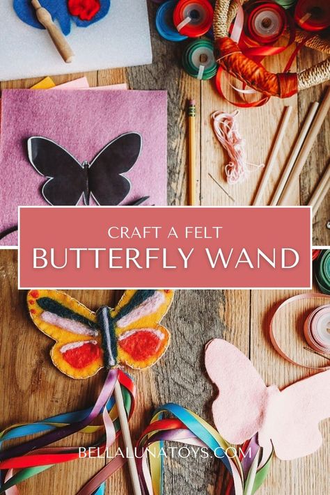 May Day Art, Birthday Party Art Projects, Waldorf Felt Crafts, Homeschool Craft Ideas, Butterfly Party Activities, Butterfly Wands Diy, Birthday Party Crafts For Kids, May Day Crafts, Diy Felt Wand