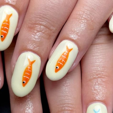 Rainbow Fish Nails, Sardine Nail Art, Nail Art Fish, Fish Inspired Nails, Sardine Nails, Fish Manicure, Goldfish Nails, Trans Nails, Whale Nails