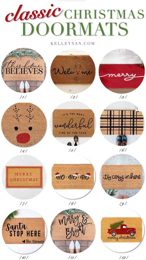 24 Christmas Doormats - from Classic to Cheeky! - Kelley Nan Diy Christmas Door Mat, Diy Rug Painting, Holiday Front Porch, Christmas Doormats, Outdoor Christmas Diy, 1980s Christmas, Diy Christmas Door, Door Mat Diy, Porch Door