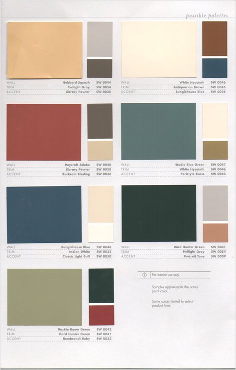 Interior Color Combos - Sherwin-Williams Arts and Crafts Historic Colors Craftsman Interior Paint Colors, Craftsman Paint Colors, Historic Paint Colours, Craftsman Colors, Exterior Color Combinations, Paint House, Historic Colours, House Paint Color Combination, Craftsman Interior