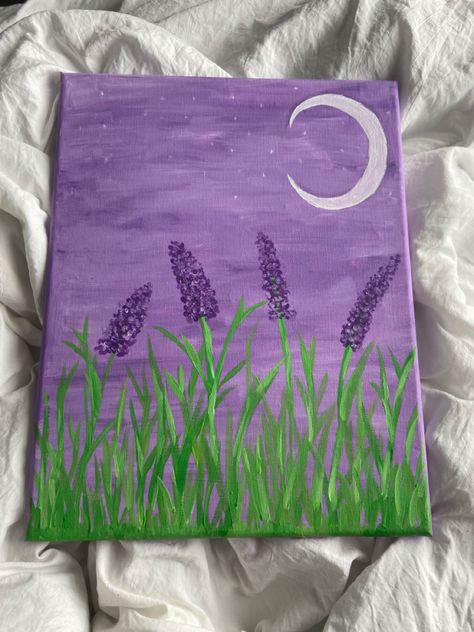 Easy Purple Painting Ideas On Canvas, Lilac Painting Easy, Purple Background Painting Ideas, Purple Easy Paintings, Purple Flower Painting Easy, Green And Purple Painting, Spring Easy Drawings, Purple Canvas Painting Easy, Easy Purple Painting Ideas