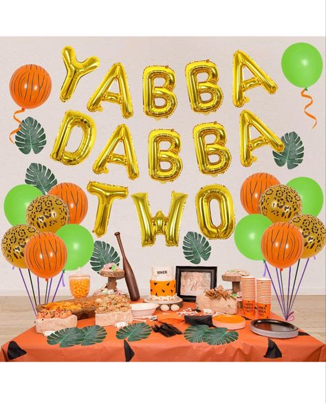 Yabba Dabba Two, Jungle Safari Party Decorations, Two Wild Party, Second Birthday Boys, Safari Party Decorations, Jungle Balloons, Background Circle, Artificial Palm Leaves, 2nd Birthday Party For Boys