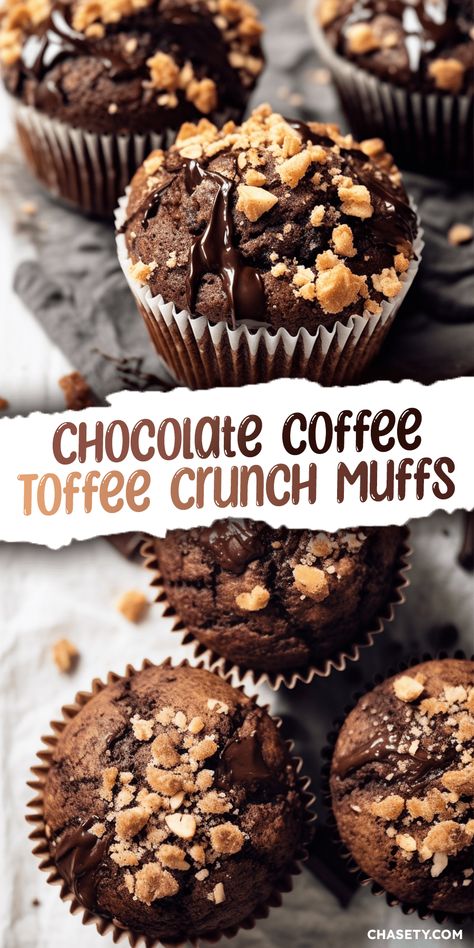 Chocolate Coffee Toffee Crunch Muffins [45 Minutes] - Chasety Chocolate Coffee Toffee Crunch Muffins, Chocolate Toffee Muffins, Toffee Muffins, Coffee Toffee, Coffee Muffins, Toffee Crunch, Coffee Cupcakes, Coffee Cake Muffins, Homemade Muffins