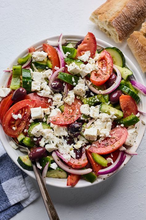 Classic Greek Village Salad (Horiatiki) | Olive & Mango Village Salad, Village Salad Greek, Real Greek Salad, Greek Village Salad, Creative Salads, Greek Tapas, Greek Salads, Greek Food, Horiatiki Salad