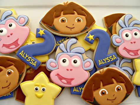 Dora the Explorer Cookies one dozen by LuxeCookie on Etsy Dora Cookies, Dora Cupcakes, Dora Birthday Cake, Explorer Birthday Party, Dora Party, Dora Birthday, Dora Cake, Birthday Favors Kids, Birthday Party Centerpieces