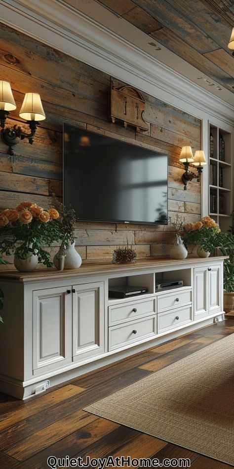 Tv Unit Country Style, Tv Wall Design Rustic Modern, Stylish Tv Unit Living Rooms, Cottage Style Tv Wall, Sala Tv Farmhouse, Tv Areas Living Room, Living Room Tv Wall Farmhouse, Tv Unit Design With Storage, Aesthetic Tv Unit