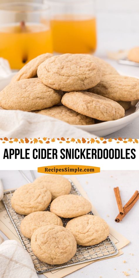 These delicious Apple Cider Snickerdoodles are soft and chewy and rolled in cinnamon sugar for that classic snickerdoodle taste. A favorite fall cookie recipe! Cinnamon Apple Snickerdoodle Cookies, Apple Cider Snickerdoodle Cookies, Apple Cider Smoothie, Apple Cider Cookies, Fall Cookie Recipes, Snickerdoodle Recipe, Snickerdoodle Cookies, Cooking Cookies, Cookie Spread