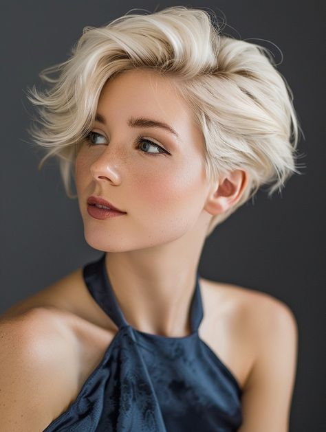 Very Short Hair Styles For Wedding, Fantasy Hair Styles Short, Formal Pixie Hairstyles Classy, Piecey Pixie Haircut, Blonde Short Hair Cuts, Fantasy Hairstyles Short, Medium Length Pixie Haircut, Pixie Updo Ideas, Feminine Short Hair Round Face