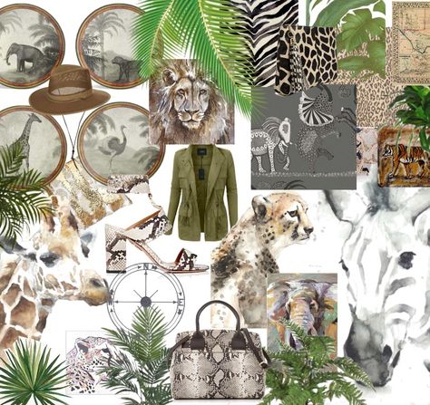 Safari mood board Safari Moodboard, Out Of Africa Style, Horse Safari, Party Moodboard, Moda Safari, Jungle Fashion, Fashion Sketchbook Inspiration, Wardrobe Planner, Ceramic Frogs