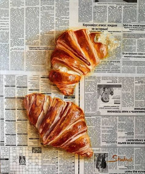 Art On Newspaper, Croissant Painting, Newspaper Painting, French Croissant, Restaurant Art, Art Newspaper, Newspaper Art, Food Painting, Art Painting Gallery