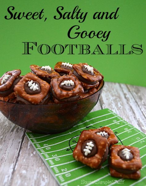 Sweet, Salty and Gooey Footballs - SweetSimpleStuff Football Themed Food, Bowl Desserts, Football Desserts, Football Treats, Superbowl Desserts, Football Party Foods, Bowl Party Food, Football Snacks, Tailgating Recipes