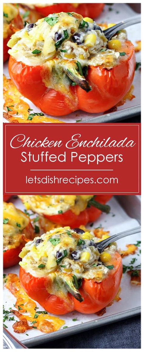 Chicken Enchilada Stuffed Peppers Recipe -- Sweet bell peppers are stuffed with a cheesy chicken filling in this hearty, satisfying Tex-Mex dinner, that’s a delicious twist on traditional enchiladas. Philly Chicken Stuffed Peppers, Chicken Stuffed Avocado Recipes, Chicken Stuffed Anaheim Peppers, Stuffed Pepper With Chicken, Chicken Stuffed Bell Pepper Recipes, Chicken Enchilada Stuffed Peppers, Chicken Sweet Peppers Recipes, Stuffed Bell Peppers Chicken Rice, Stuffed Bell Peppers With Chicken