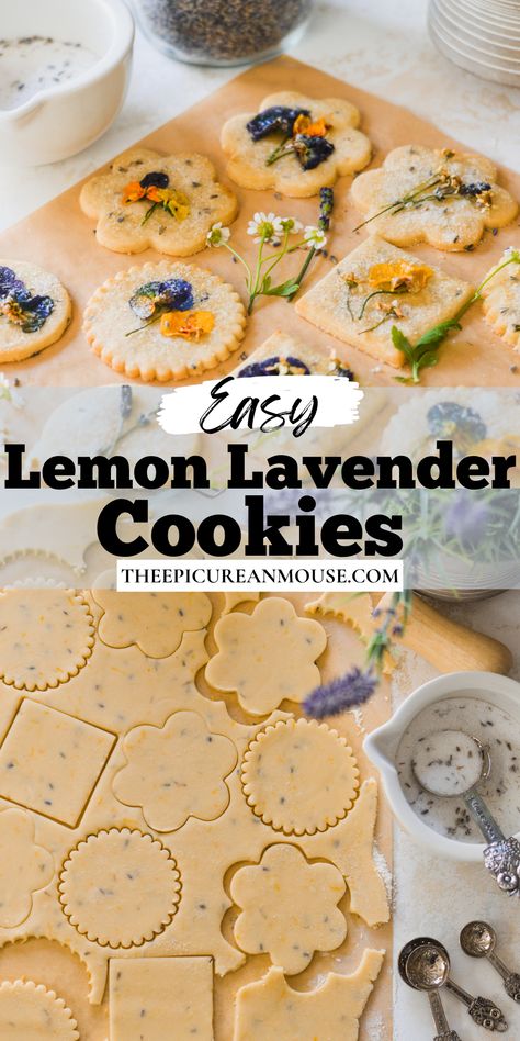 These delicious lemon lavender cookies are buttery shortbread, infused with lemon zest and dried lavender. Each cookie is topped with edible flowers and sprinkled with lavender sugar. Perfect for afternoon tea Recipes With Dried Lavender, Food With Lavender, Ostara Cookies, High Tea Cookies, Lavender Lemon Cookies, Lavender Brunch, Lemon And Lavender Cookies, Lavender Tea Bread Recipe, Lavender Cookies Recipe