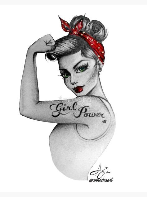 "Girl Power by Anne Cha Modern Rosie the Riveter" Art Board Print for Sale by annechaart | Redbubble Rosie The Riveter Art, Rosie The Riveter Tattoo, Rosie The Riveter Poster, Rosie Riveter, Girl Power Tattoo, Roses Wall, Warrior Tattoos, Pin Up Tattoos, Rosie The Riveter