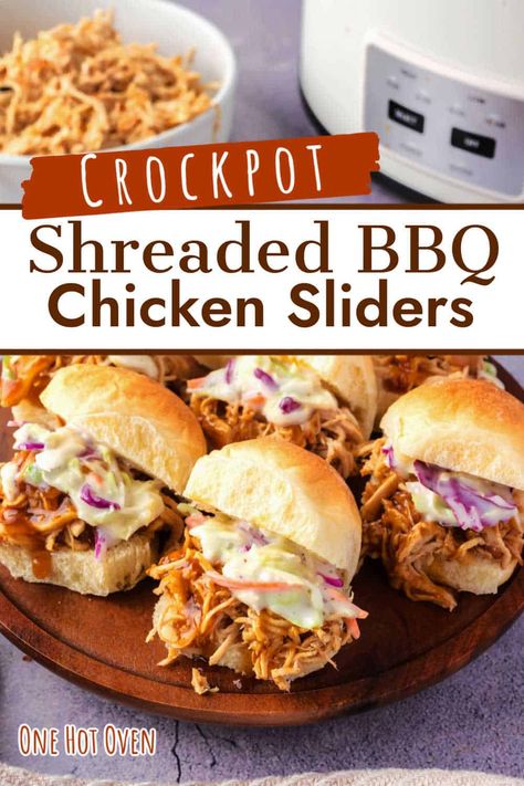 The best easy sandwich, potluck or picnic food is Hawaiian rolls stuffed with pulled chicken that's juicy, saucy, and moist enough to eat on its own - our BBQ chicken sliders fit the bill perfectly! We've designed this easy chicken sliders recipe featuring crockpot roasted chicken cooked in homemade BBQ sauce. These crowd-pleasing barbecue sliders are hand-held mini sandwiches stuffed with the saucy, moist pulled chicken, topped with creamy coleslaw, and perfect for parties, game-day, or easy bu Bbq Chicken Sliders With Coleslaw, Crockpot Sliders Hawaiian Rolls, Bbq Chicken Sandwich With Coleslaw, Pulled Chicken Sliders Recipes, Barbecue Sliders Hawaiian Rolls, Barbeque Chicken Sliders Hawaiian Rolls, Crockpot Chicken Sliders Recipes, Bbq Chicken Sliders Crockpot, Bbq Sliders Recipes Hawaiian Rolls