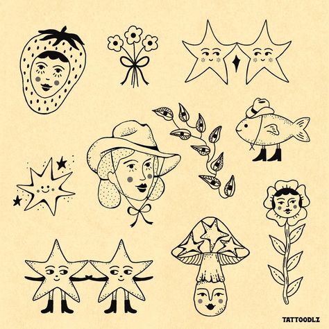 Doodle Style Tattoo, Seattle Tattoo Artist, Whimsical Flash Tattoo, Tiny American Traditional Tattoos, Laufey Tattoo, Finnish Tattoo Ideas, Star Flash Tattoo, Pasta Tattoo Ideas, Simple Tattoo Flash Sheet