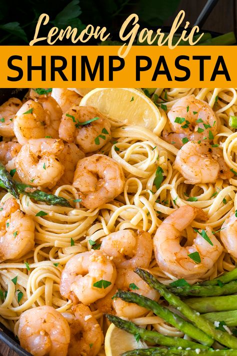 Shrimp and asparagus over linguine pasta in a black pan. Garlic Shrimp Linguine, Light Cream Sauce, Comfort Pasta Dishes, Pasta With Green Beans, Lemon Shrimp Pasta, Lemon Garlic Shrimp Pasta, Shrimp Linguine, Lemon Spaghetti, Linguine Recipes