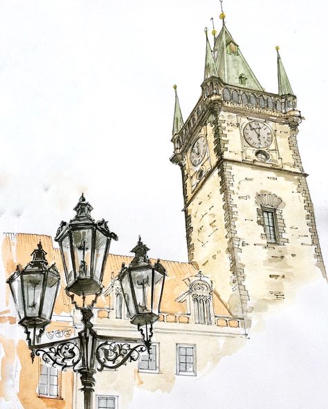 Prague. Czech Republic. Watercolor. Pen. Graphic. Sketch design. Old town Old Town Drawing, Prague Sketch, Prague Watercolor, Prague Painting, Prague Shopping, Prague Nightlife, Prague Map, Castle Sketch, Prague Photography