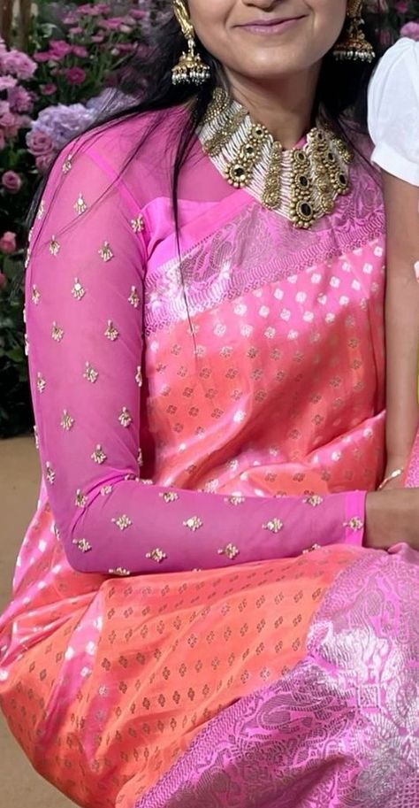 Long Hands Blouse Designs, Full Hands Blouse Designs, Hands Blouse Designs, Muhurtham Saree, Long Hands, Brocade Blouse Designs, Netted Blouse Designs, Long Blouse Designs, Cotton Saree Blouse Designs