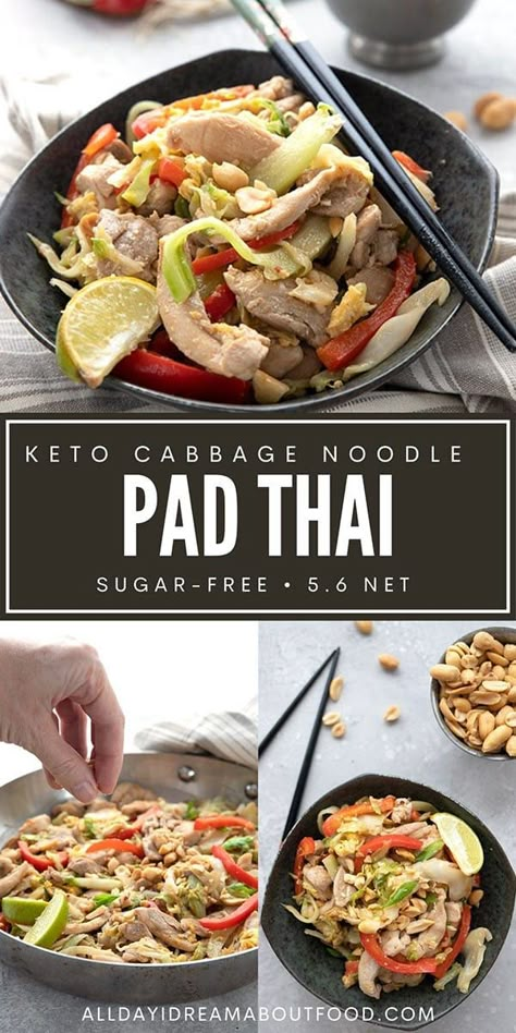 This keto pad thai is made with cabbage noodles. A delicious and healthy alternative to the classic Thai dish. Sugar free and it only takes 25 minutes to make! Dinner Recipes Cabbage, Food Dairy Free, Keto Pad Thai, Cabbage Noodles, Keto Chinese, Recipes Cabbage, Dairy Free Keto, Thm Dinner, Keto Dinner Recipes