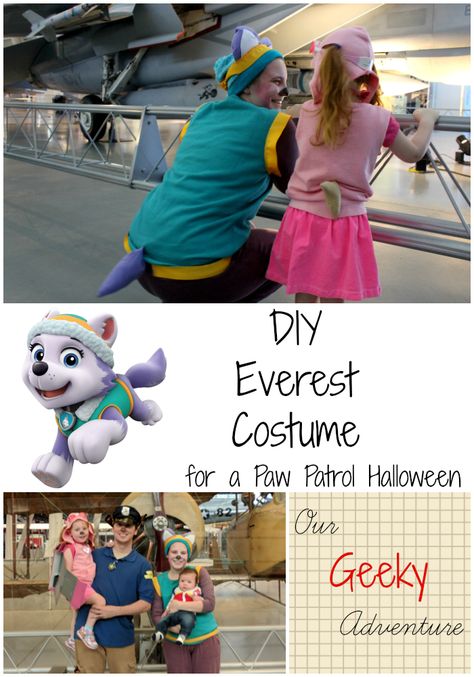 No job is too big, no pup is too small!  Here's a very simple DIY costume for Everest for your Paw Patrol Halloween!  Perfect for a beginner sewing enthusiast, this look can be adapted for an adult, child, toddler, or even infant! Everest Halloween Costume, Diy Liberty Paw Patrol Costume, Diy Everest Paw Patrol Costume, Adult Paw Patrol Costume Diy, Paw Patrol Adult Costume, Diy Skye Paw Patrol Costume Adult, Paw Patrol Family Halloween Costumes, Diy Skye Paw Patrol Costume, Adult Paw Patrol Costume