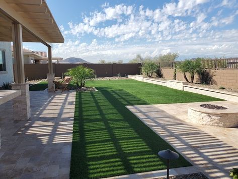 Backyard Grass Ideas Landscapes, Simple Arizona Backyard, Turf Landscape Ideas, Turf Yard Ideas, Las Vegas Backyard Landscaping Ideas, Turf Patio Ideas, Synthetic Grass Backyard Ideas, L Shaped Backyard Ideas Layout, Turf Landscaping Ideas