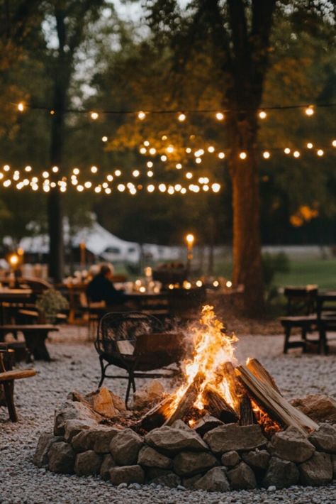 Backyard Wedding Fire Pit, Campfire Wedding Reception, Log Cabin Wedding Decorations, Classy Farm Wedding, Bonfire Wedding Reception, Wedding Fire Pit, Fire Pit Wedding, Wedding Campfire, Camping Theme Wedding