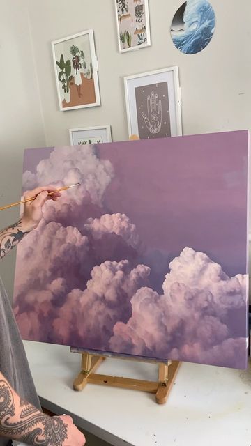 Purple Cloud Painting, Cloud Paintings Acrylic, Purple Clouds Painting, Pastel Cloud Painting, Colorful Clouds Painting, Painting Clouds Acrylic, Pink Clouds Painting, Sky Painting Acrylic, Big Canvas Painting