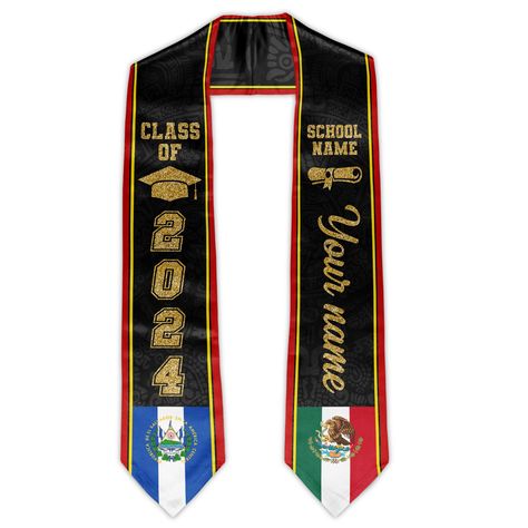 PRICES MAY VARY. Cultural Pride: This custom graduation stole is designed with the traditional colors and patterns of Mexico and El Salvador, perfect for graduates celebrating their cultural heritage. Personalized Touch: Add a personal touch to your graduation attire with this customizable graduation sash, featuring your name, degree, or school crest. Durable and Comfortable: Made from premium, lightweight fabric, this graduation stole is not only a beautiful accessory but also comfortable to we Stoles For Graduation, Graduation Regalia, Custom Graduation Stole, Graduation Attire, Graduation Boards, School Crest, El Salvador Flag, Graduation Sash, Puerto Rico Flag