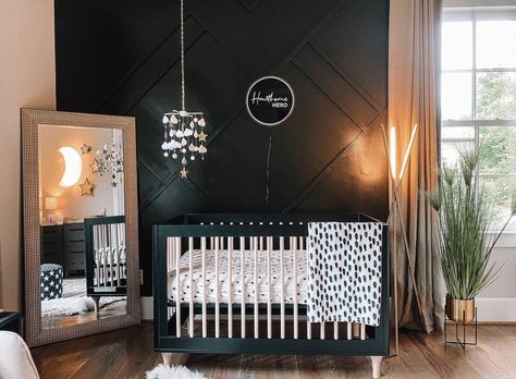 Nursery Ideas With Black Crib, Dark Wall Nursery, Dark Boho Nursery, Dark Nursery Ideas Boys, Dark Moody Nursery, Black Crib Nursery Ideas, Moody Baby Nursery, Black Baby Nursery, Black Crib Nursery